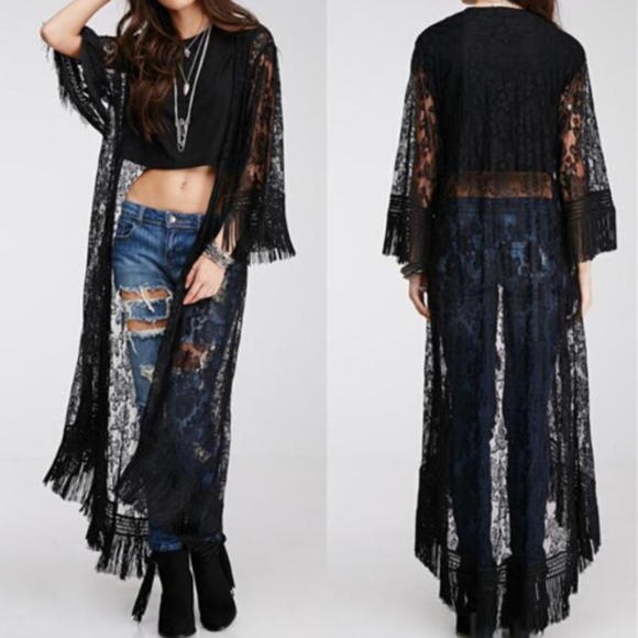 🍒BLACK ROBE FRINGE LACE MAXI CARDIGAN DUSTER LONG - Picture 6 of 6